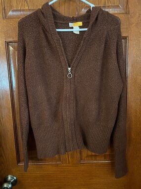 Tulle Plus 2X Brown Wool Blend Full Zipper Front Hooded Cardigan Long Sleeves